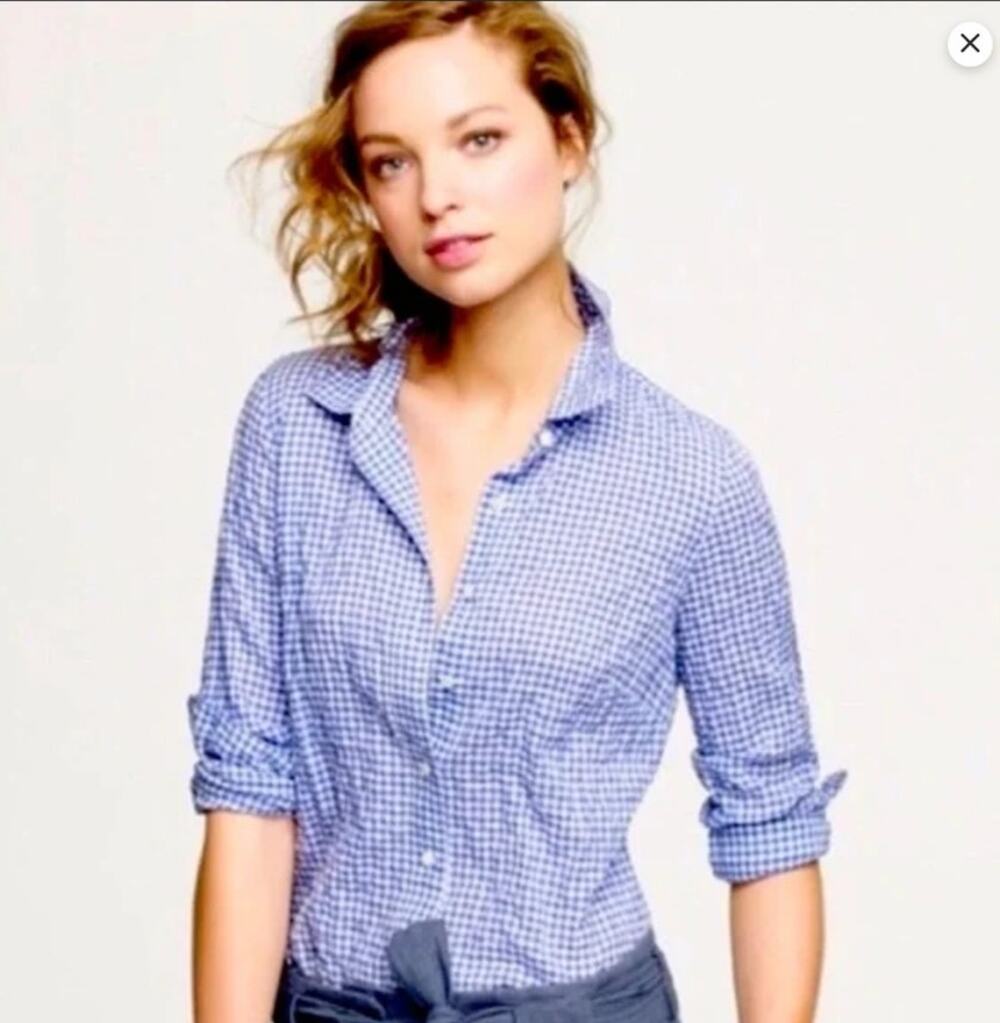 J CREW Womens Boy Fit Crinkle Gingham Blue White Plaid Shirt Button Up sz 4